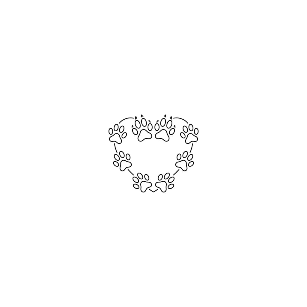 “tatuaje minimalista de huellas de varios animales formando un corazón, líneas finas, estilo delicado, blanco y negro”
