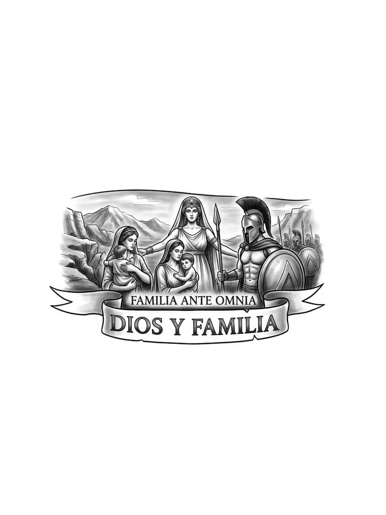 idea del periodo de los espartanos, que incluya a heras diosa de la familia y una frase en latin