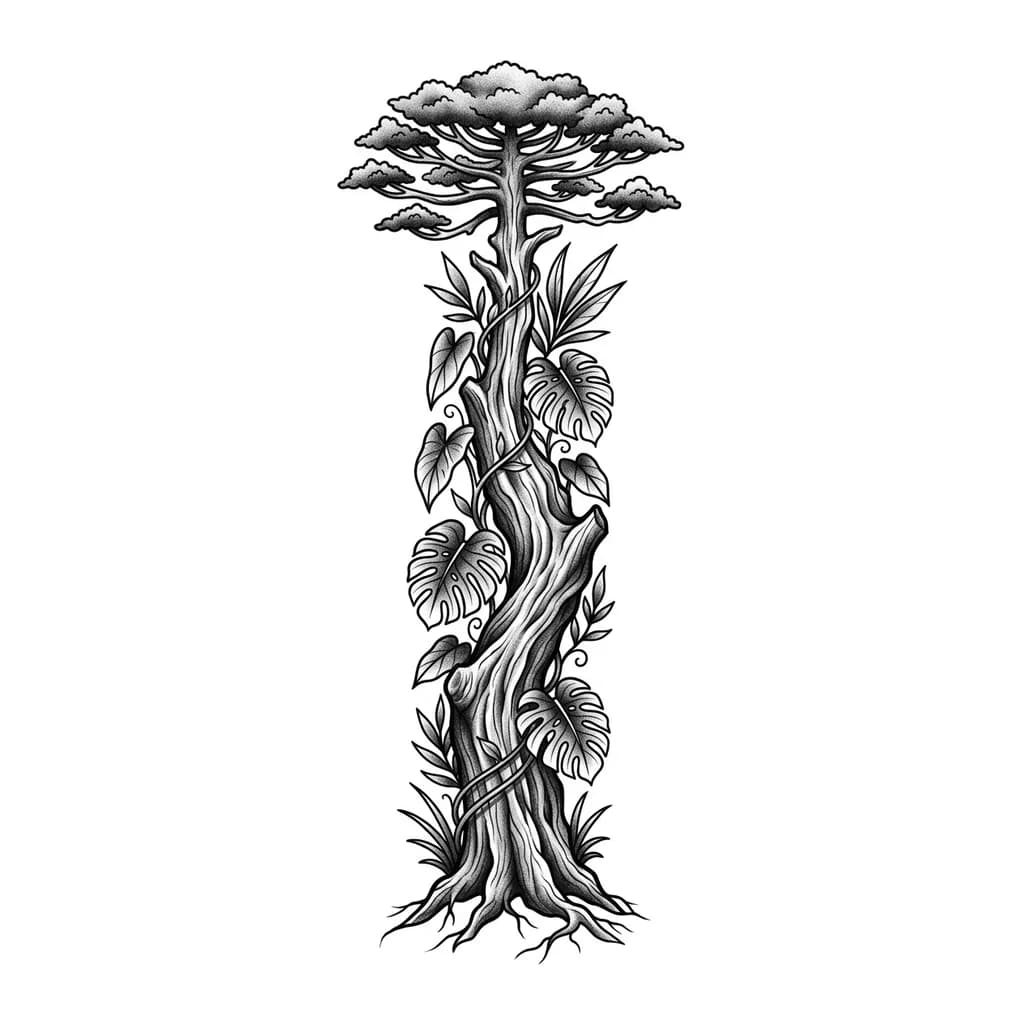 Realistic black and grey whip shading tattoo, vertical composition.
A strong Misiones jungle tree (Araucaria or Lapacho), thick trunk from ankle upward.
Minimal roots only at ankle, trunk flowing up back of leg, glute to mid-back.
Include monstera (costilla de Adán), guembe, and subtle vines.
Symbolism: strength, self-support, grounding.
Highly detailed bark, realistic shadows, flow following anatomy.
Back view, tattoo only on posterior side.