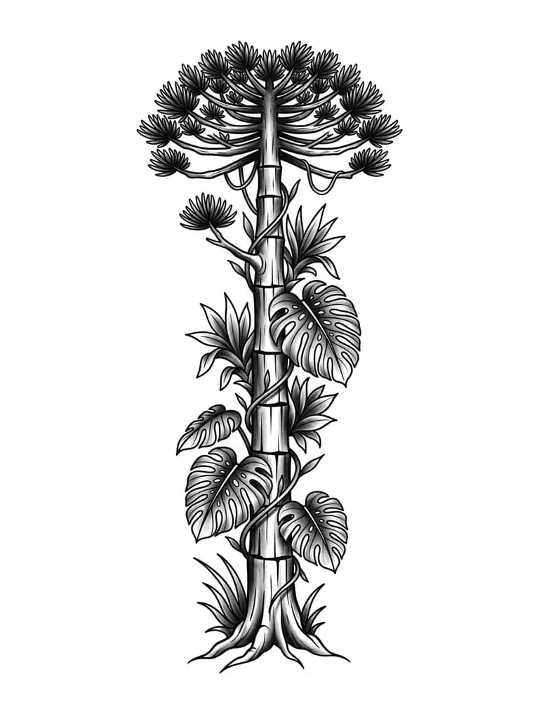 Ultra realistic black and grey whip shading tattoo, vertical.
Misiones jungle tree with anatomically accurate trunk: Araucaria (straight, segmented) or Lapacho (organic, natural branching).
Thick dominant trunk from ankle up the back of leg, through glute to mid-back.
Minimal roots at ankle only.
Add monstera (costilla de Adán), guembe, subtle vines.
Symbolism: strength, self-support, grounding.
Detailed bark, realistic shadows, natural body flow.
Back view, posterior only.