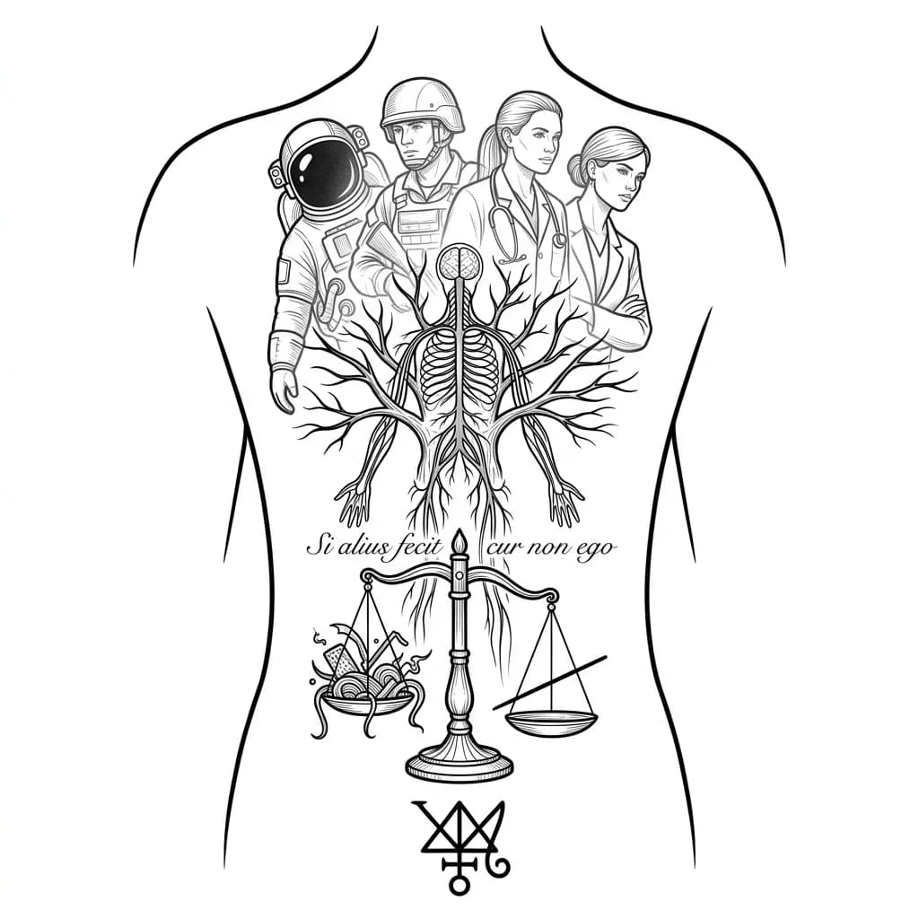 full back tattoo, fine line engraving style, minimal shading, no heavy black fill, elegant composition following spine. top: ghost-like overlapping figures (astronaut, soldier, veterinarian, businesswoman). center: tree or nervous system with branching paths. lower: antique balance scale, chaos vs single straight line. bottom: abstract sigil. subtle latin text "Si alius fecit cur non ego". clean, detailed, not saturated
