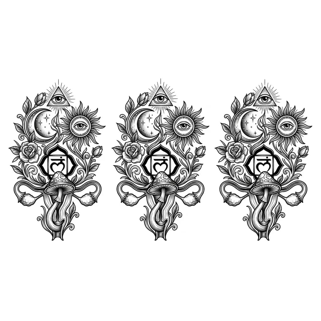 Quiero en hombro y ante brazo.   quiero algo bien femenino delicado.
Me gustaría que tengo algunas flores, la luna, el sol , un hongo fungi de Psilocibina, chakra raíz y tercer ojo, ovarios de mujer. Quiero que el tatuaje represente la idea de que en la vida siempre somos resilientes, que somos una unidad y que todo está conectada con todo . Que somos energía 