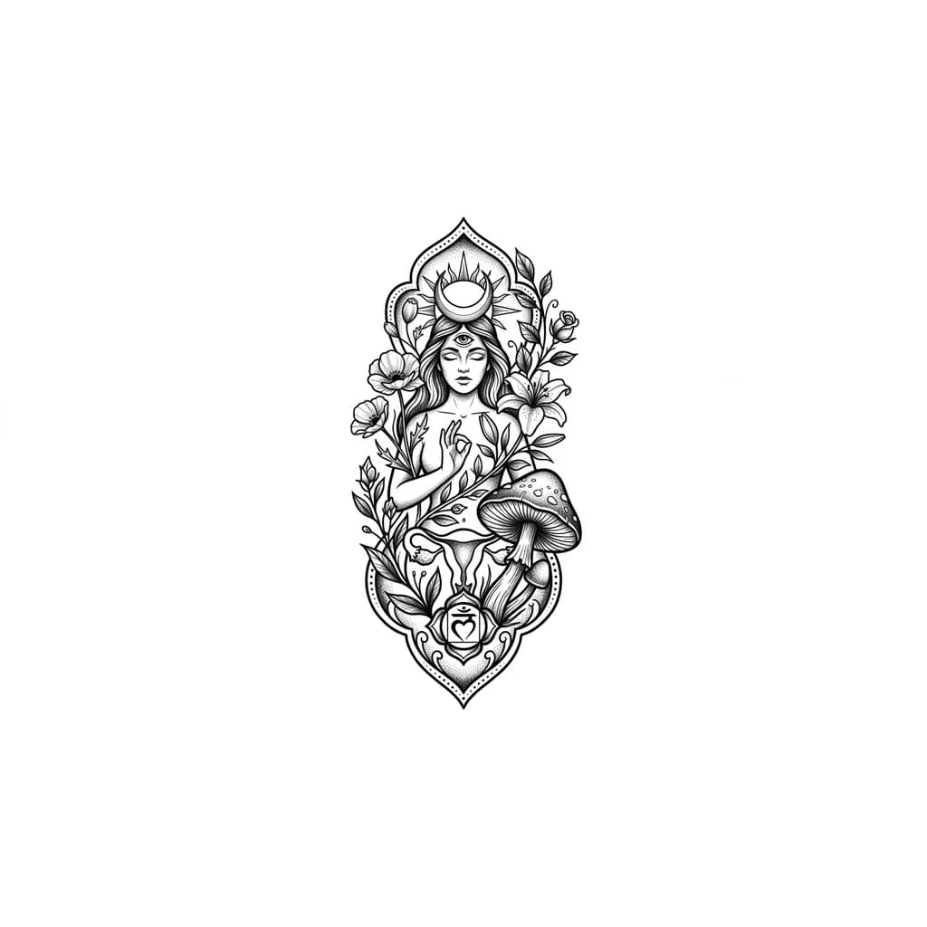 Quiero en hombro y ante brazo.   quiero algo bien femenino delicado.
Me gustaría que tengo algunas flores, la luna, el sol , un hongo fungi de Psilocibina, chakra raíz y tercer ojo, ovarios de mujer. Quiero que el tatuaje represente la idea de que en la vida siempre somos resilientes, que somos una unidad y que todo está conectada con todo . Que somos energía 