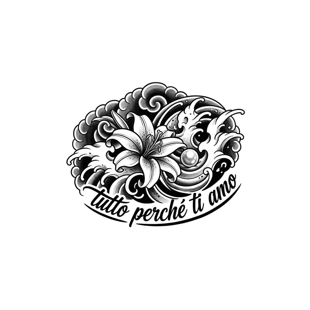 faça uma tatuagem com o desenho de uma flor de lírio e uma pérola  e uma escrita "tutto perché ti amo"