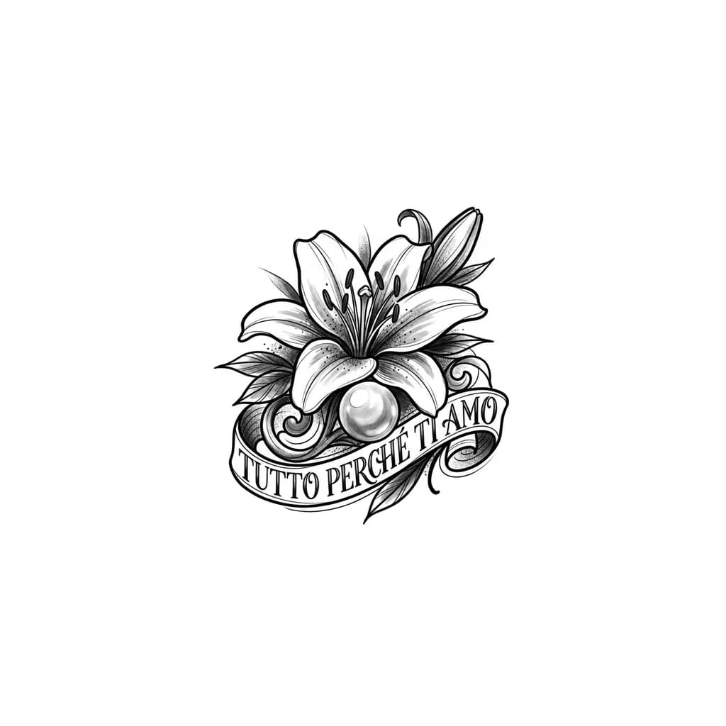 faça uma tatuagem com o desenho de uma flor de lírio e uma pérola  e uma escrita "tutto perché ti amo"