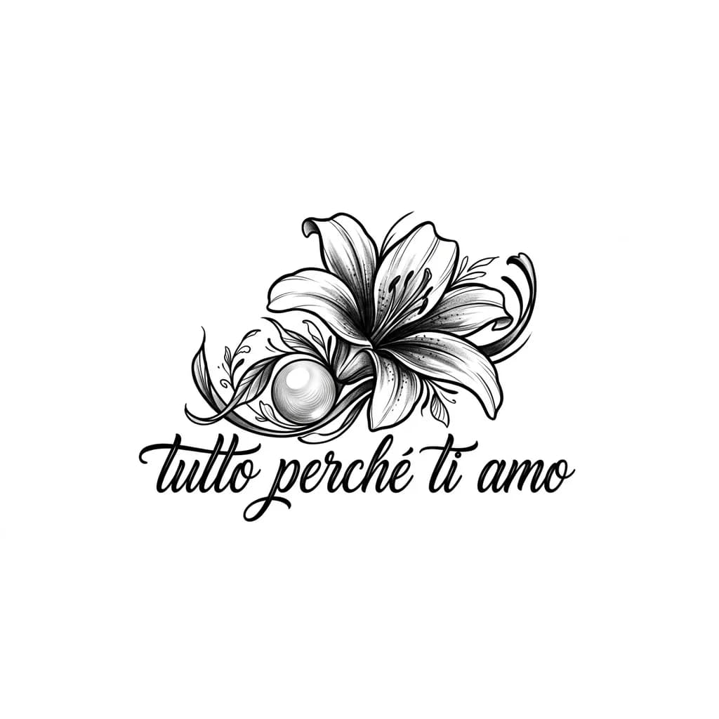 faça uma tatuagem com o desenho de uma flor de lírio e uma pérola  e uma escrita "tutto perché ti amo"