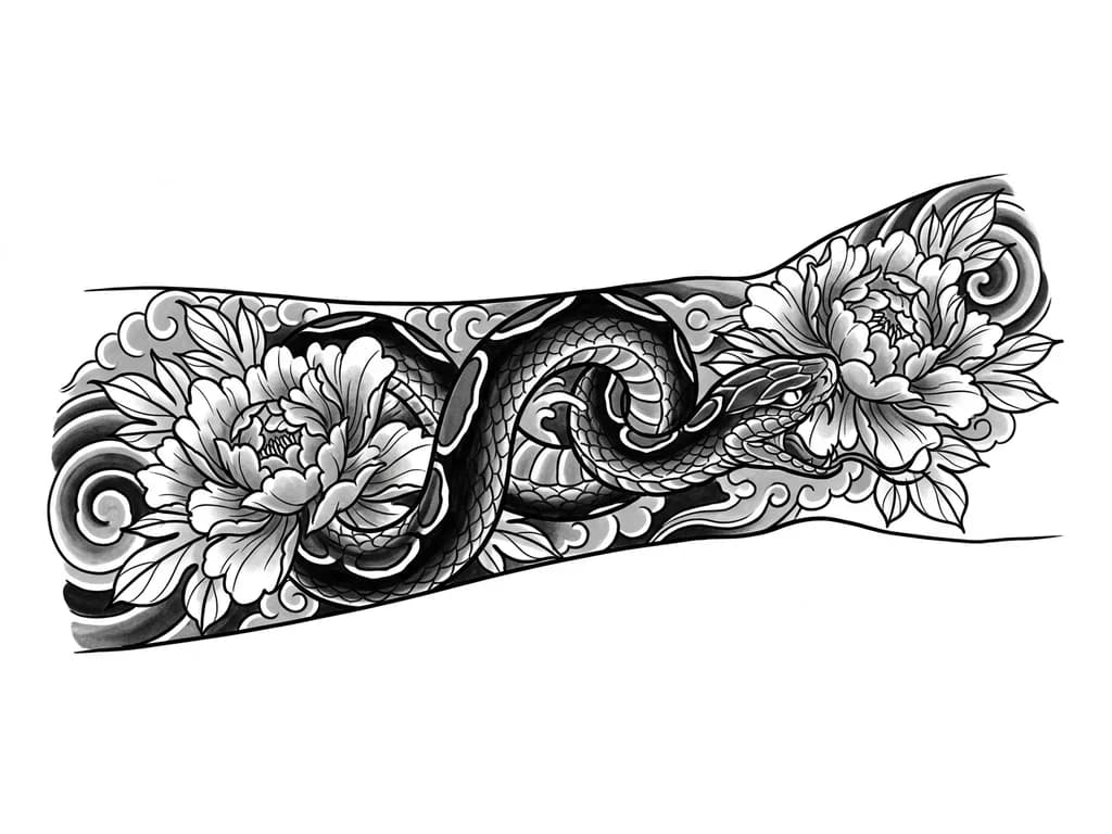 Quiero un cover Up estilo japonés en la muñeca tengo una llave de sol con ritmo Cardiaco en la muñeca y quiero taparlo completo, me gustaría una serpiente japonesa con peonias grandes, usando sombras para que no se vea nada y puede subir un poco el tatuaje mientras se vea fluido 