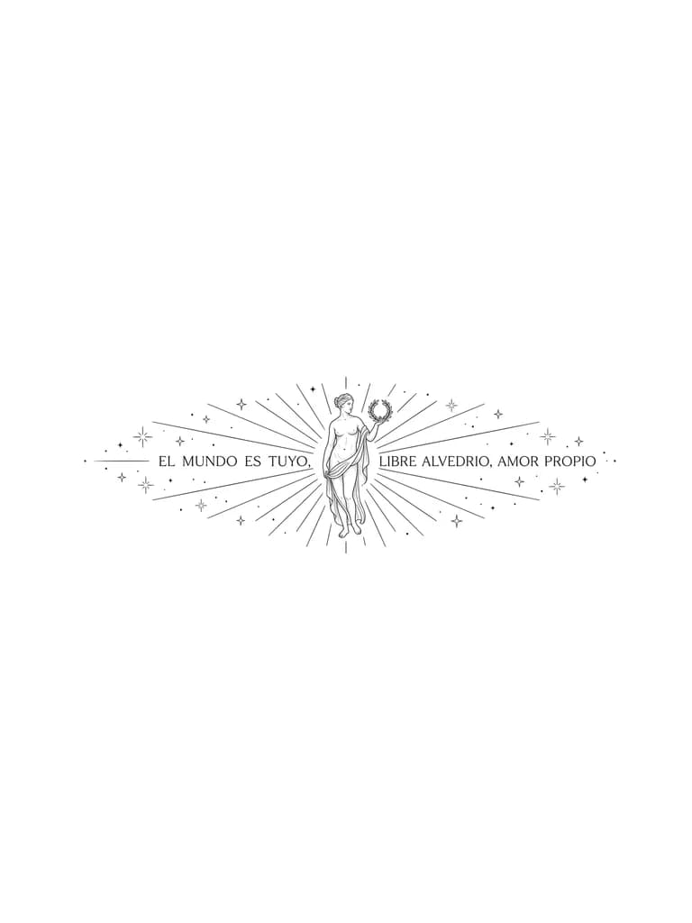 en el medio la venus de la victoria y linias rectas saliendo de ella con palabras de motivacion y con estrellas y puntos pequeños a su alrededor