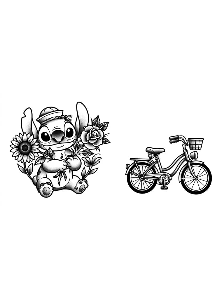  Crea un stitch con una bici y unas flores como un girasol y una rosa, ya sea que estás estén en una canastilla o las este sosteniendo stitch