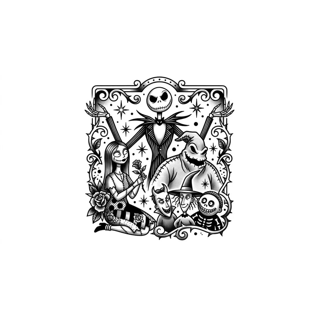 Crea diseño de tatuaje con las siguientes características: 1. Que sea del mundo de tim burton, de el extraño mundo de Jack, que sobre salgan Jack, Oogie Boggie, Sally y los niños de las mascaras