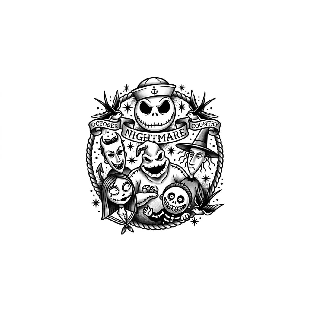 Crea diseño de tatuaje con las siguientes características: 1. Que sea del mundo de tim burton, de el extraño mundo de Jack, que sobre salgan Jack, Oogie Boggie, Sally y los niños de las mascaras