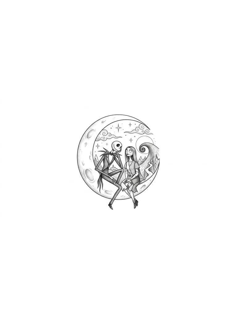 Crea un diseño de tatuaje con las siguientes características: 1. Que sea del mundo de tim burton, de el extraño mundo de Jack, que sobre salgan Jack y sally, como en la escena de la luna