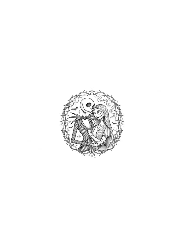 Crea un diseño de tatuaje con las siguientes características: 1. Que sea del mundo de tim burton, de el extraño mundo de Jack, que sobre salgan Jack y sally
