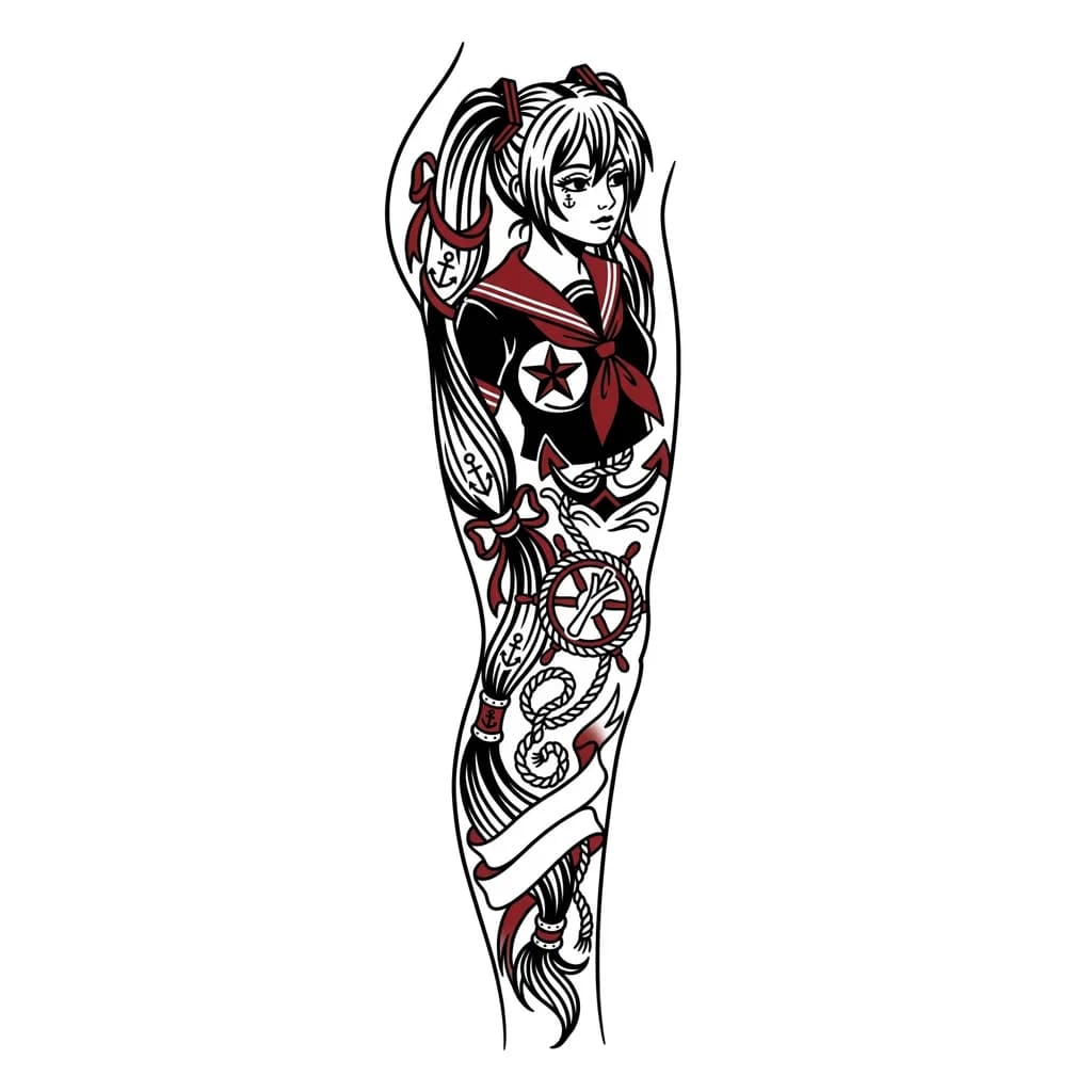 Diseña un tatuaje para hacerme en la pierna, me gusta que sea alargado y que fluya con la pierna no que sea como un óvalo gigante, me gusta hatsune miku así que puede ser algo sobre eso y que solo tenga colores rojo, negro y blanco, puedes agregarle lo que gusta pero que no quede recargado, quiero que se vea el tatuaje partes de la pierna 

Que no sea tan largo debe ir desde antes de llegar al glúteo y antes de la rodilla, en ese rango del muslo