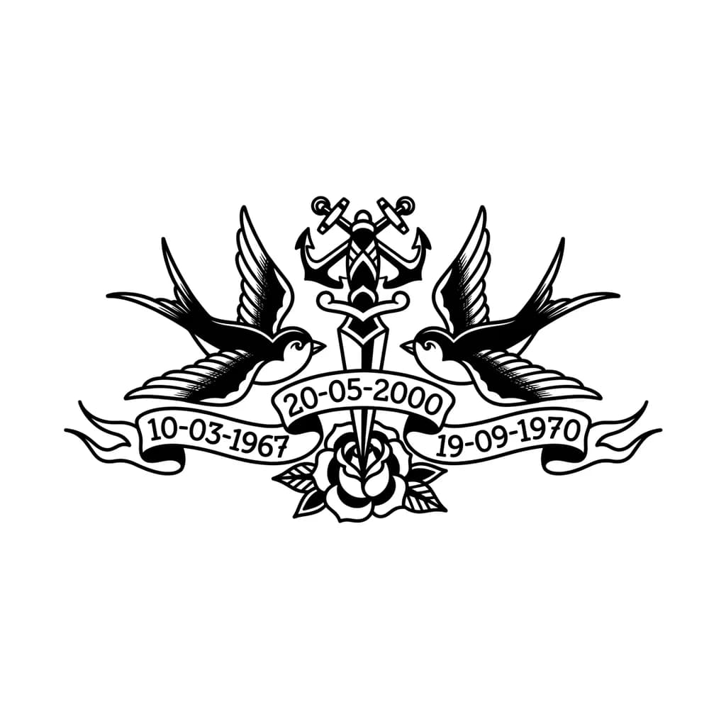 hazme un diseño de un tatuaje con estas tres fechas : "20-05-2000" ; "10-03-1967" y 19-09-1970