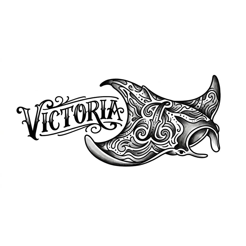 Quiero el nombre Victoria y a lado del nombre quiero una manta raya y dentro de ella la inicial I pero que no se vea tanto que es una inicial.