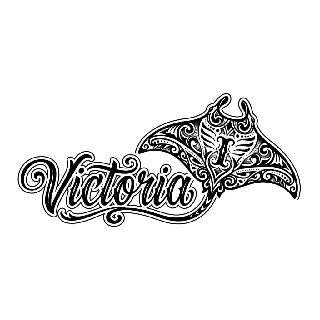 Quiero el nombre Victoria y a lado del nombre quiero una manta raya y dentro de ella la inicial I pero que no se vea tanto que es una inicial, algo sencillo 
