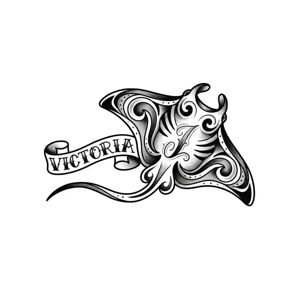 Quiero el nombre Victoria y a lado del nombre quiero una manta raya y dentro de ella la inicial I pero que no se vea tanto que es una inicial pero que no se vea tan varonil