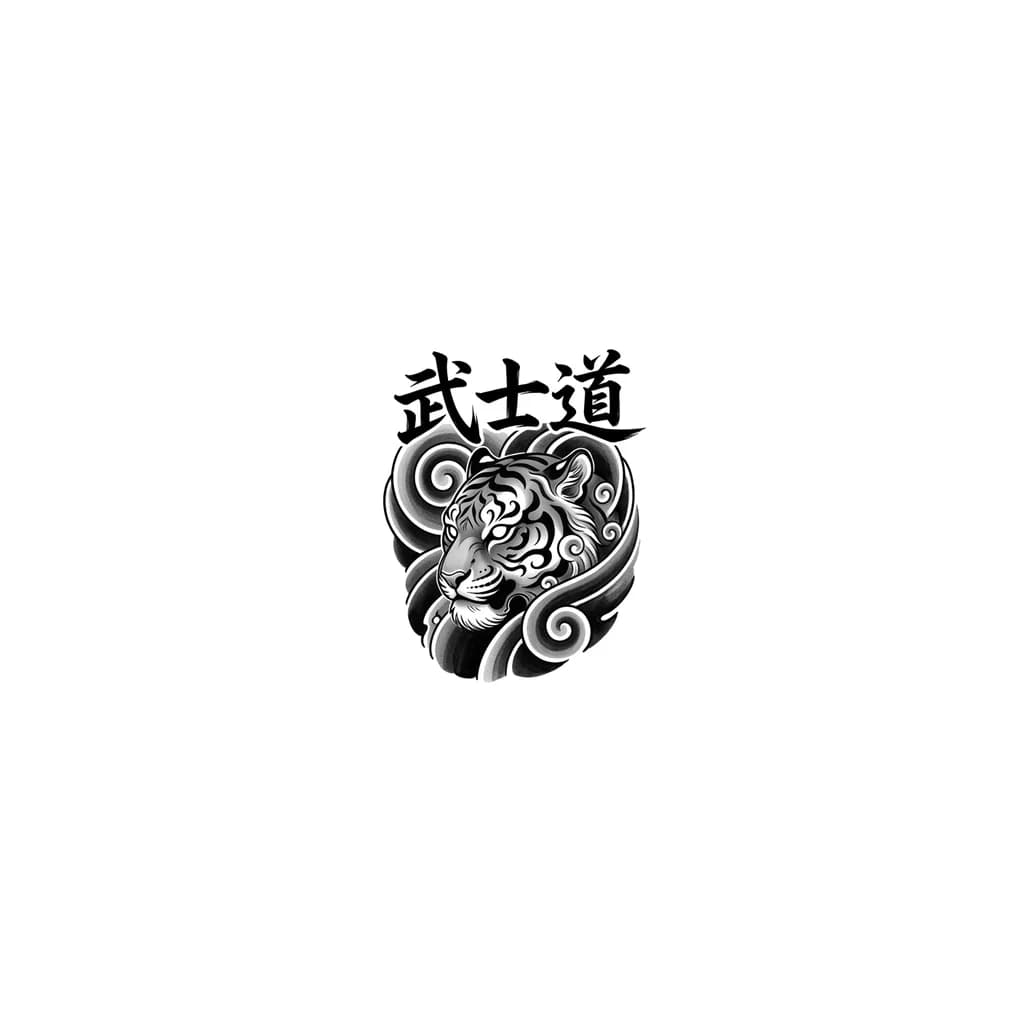 “oriental blackwork ilustrativo con elementos de irezumi y lettering asiático”