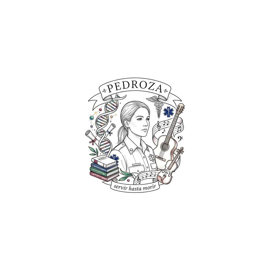Paramédico mujer rodeada de elementos intelectuales y musicales, encabeza apellido “PEDROZA”, al pie en letras más pequeñas la frase “servir hasta morir”