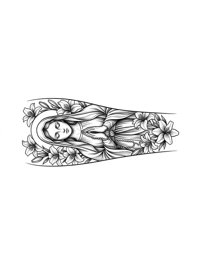 la virgen maria rezando con ojos cerrados y un rosario en las manos y rodeada de lirios