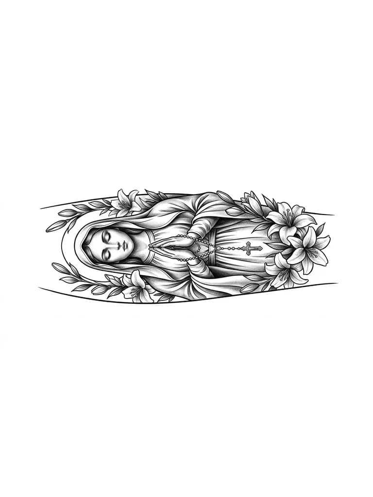 la virgen maria rezando con ojos cerrados y un rosario en las manos y rodeada de lirios