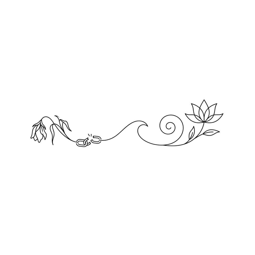 diseño de tatuaje sobre relación tóxica y la sanación. Cuando te sientes muy triste y sientes que tocas fondo y que no vas a poder salir de ahí. Pero luego ves que si se puede y consigues renacer y ser feliz poco a poco. que sea de línea fina y femenino