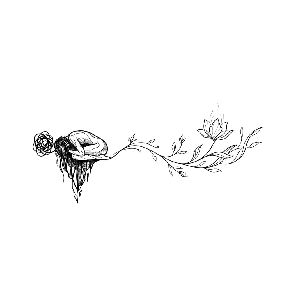 diseño de tatuaje sobre relación tóxica y la sanación. Cuando te sientes muy triste y sientes que tocas fondo y que no vas a poder salir de ahí. Pero luego ves que si se puede y consigues renacer y ser feliz poco a poco. que sea femenino. que no sea muy pequeño