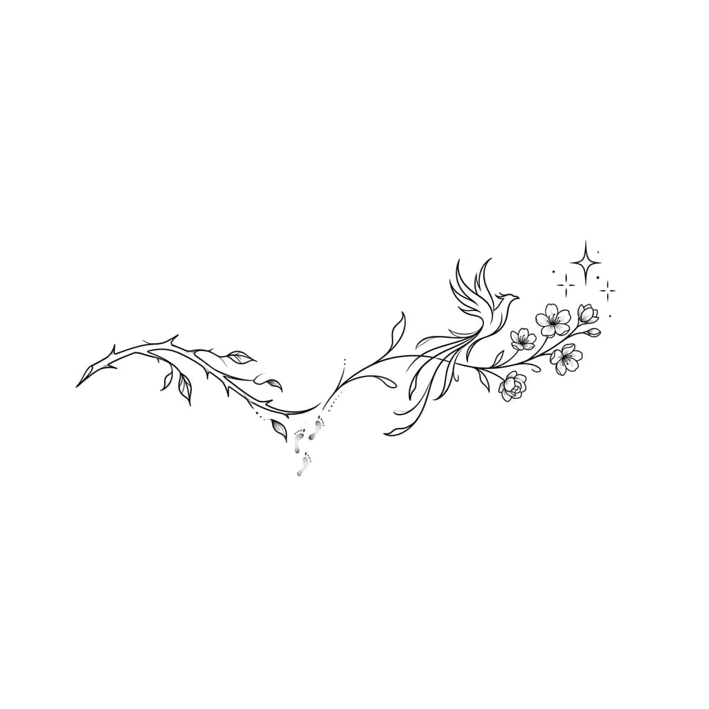 diseño de tatuaje sobre relación tóxica y la sanación. Cuando te sientes muy triste y sientes que tocas fondo y que no vas a poder salir de ahí. Pero luego ves que si se puede y consigues renacer y ser feliz poco a poco. que sea femenino. que no sea muy pequeño pero tampoco tan largo. 