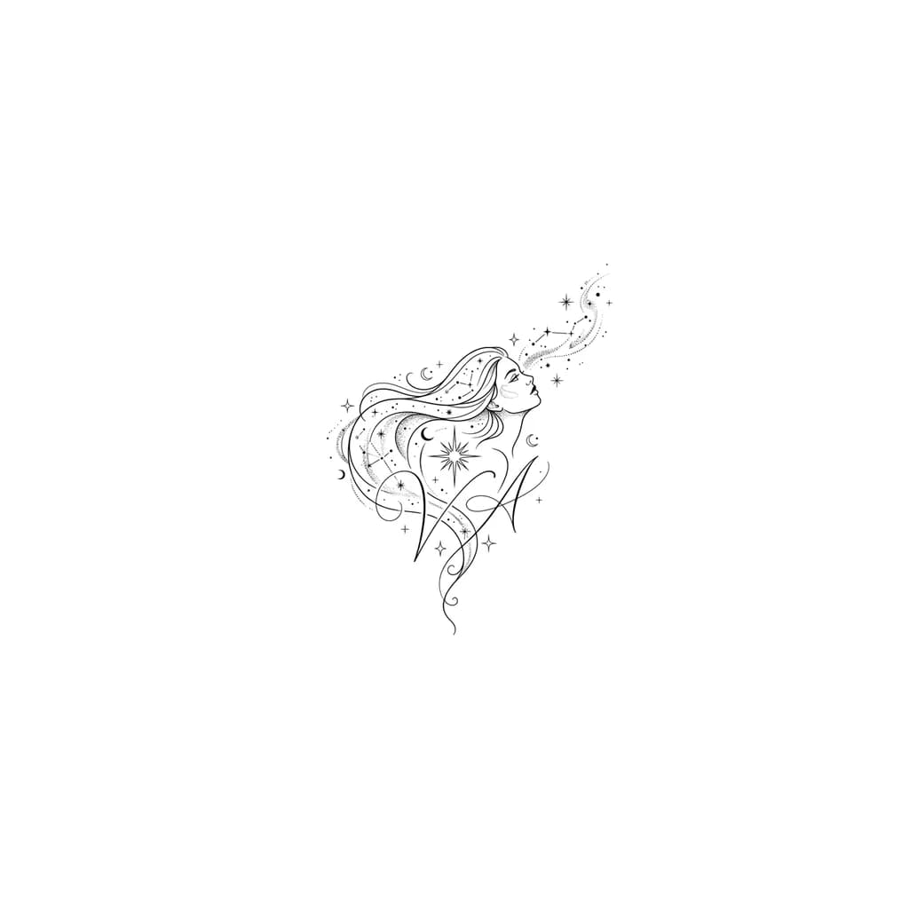     “estrella cósmica femenina inspirada en el nombre Vicenta, estilo tatuaje minimalista”.  