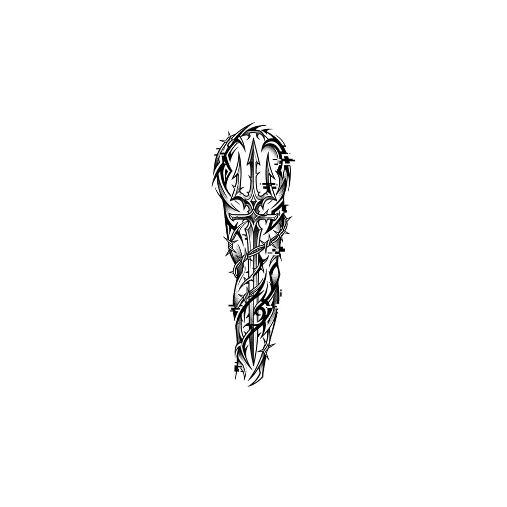 tatuagem que se baseie no estilo dark ornamental que tenha como foco uma espada ou um tridente no centro