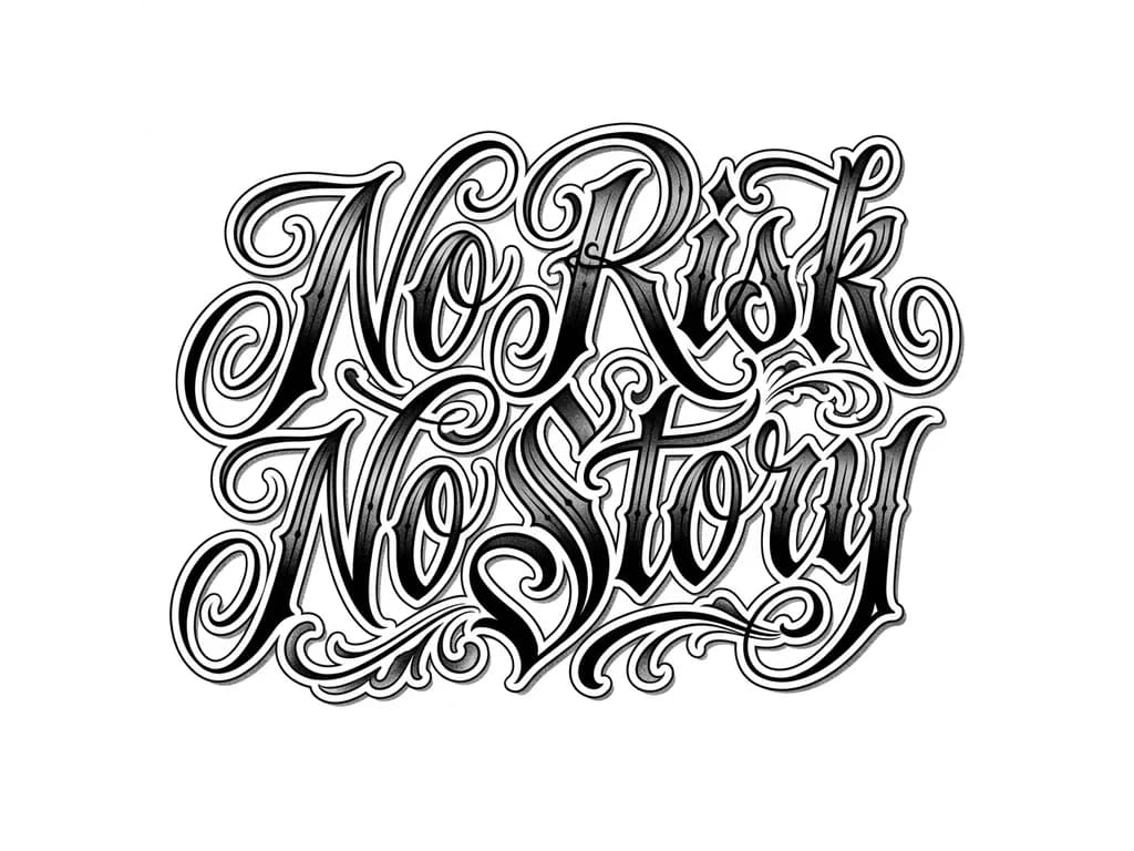 Gothic chicano calligraphy , 3D effect whith perspective and depth
‘’No risk No story’’