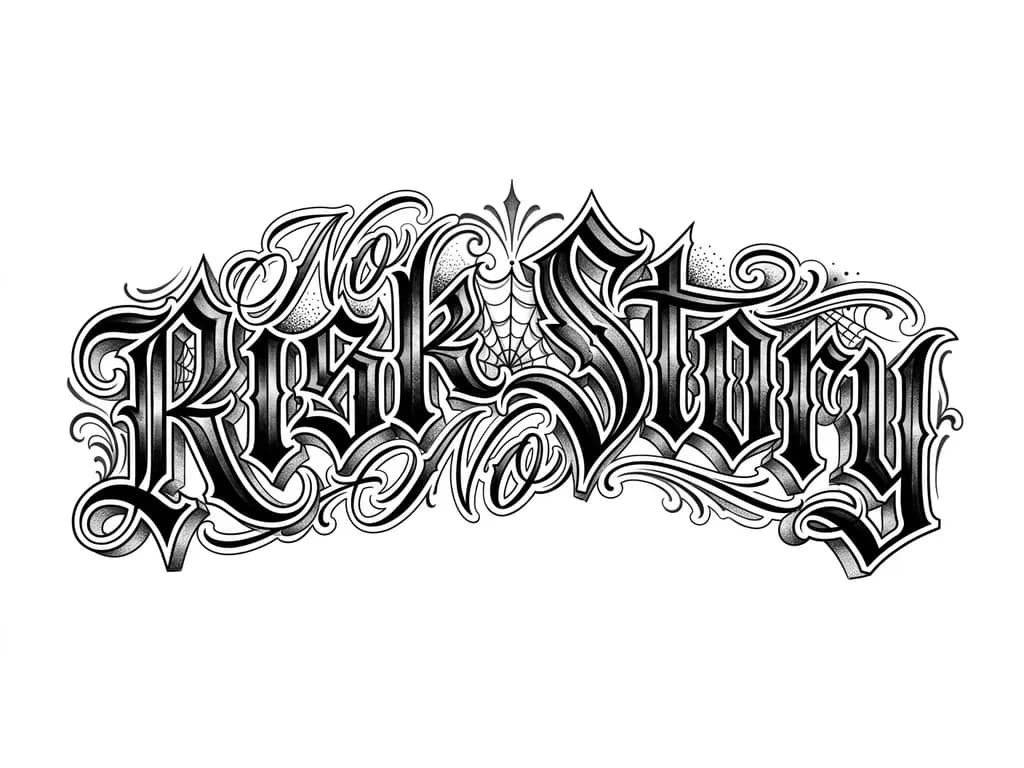 Gothic chicano calligraphy , 3D effect whith perspective and depth
‘’No risk No story’’