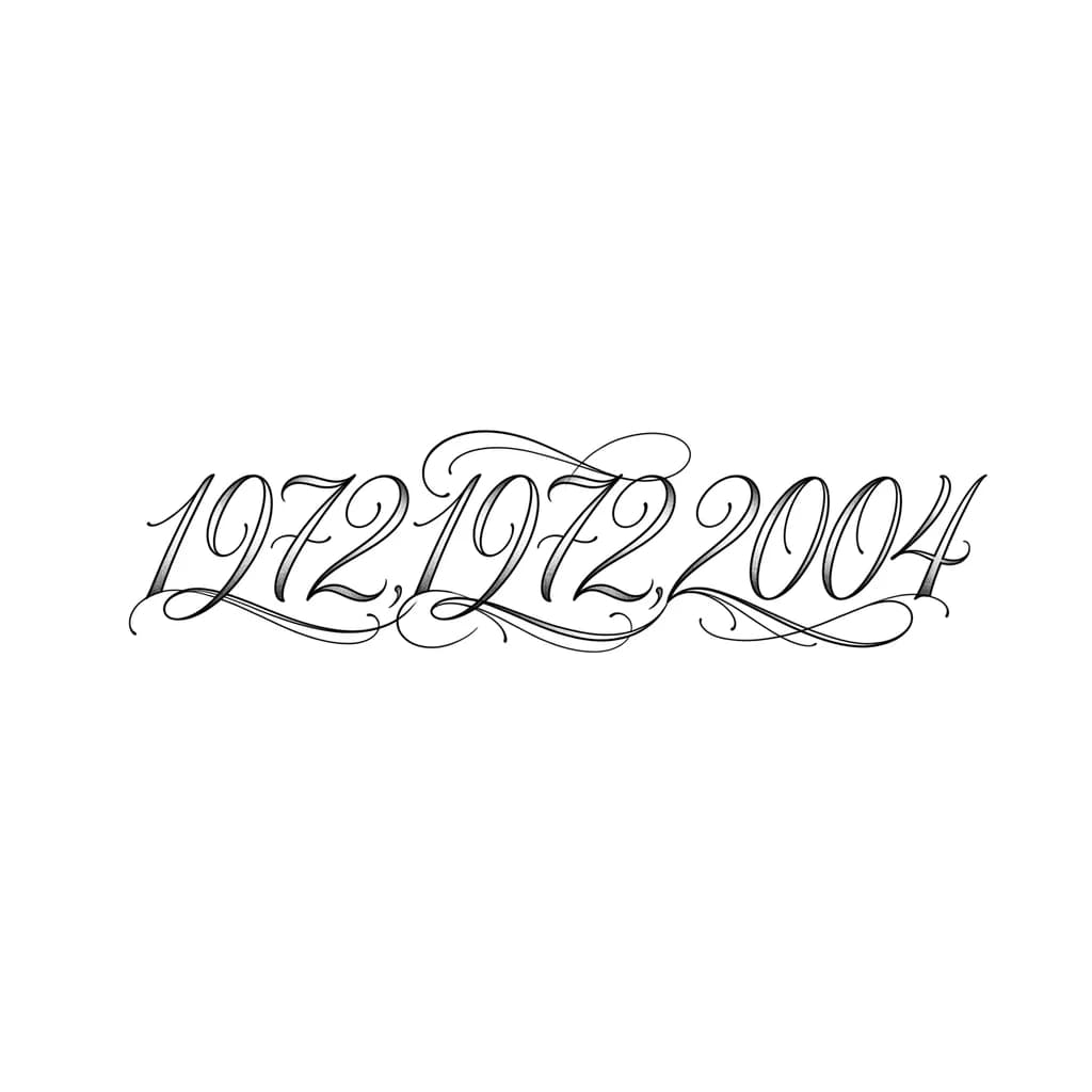 Zahlentattoo in fineline mit den Jahreszahlen 1972, 1972 und 2004
Die zahlen sollten ineinander übergehen und irgendwie zusammenhängen 