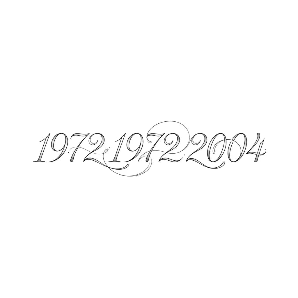 Zahlentattoo in fineline mit den Jahreszahlen 1972, 1972 und 2004
Die zahlen sollten ineinander übergehen und irgendwie zusammenhängen, so dass die zahlen nicht einzeln dastehen sondern die zahlen doppelt verwendet werden, sprich zb die zahl 2 von 1972 soll dann die 2 von 1972 sein oder so in der art