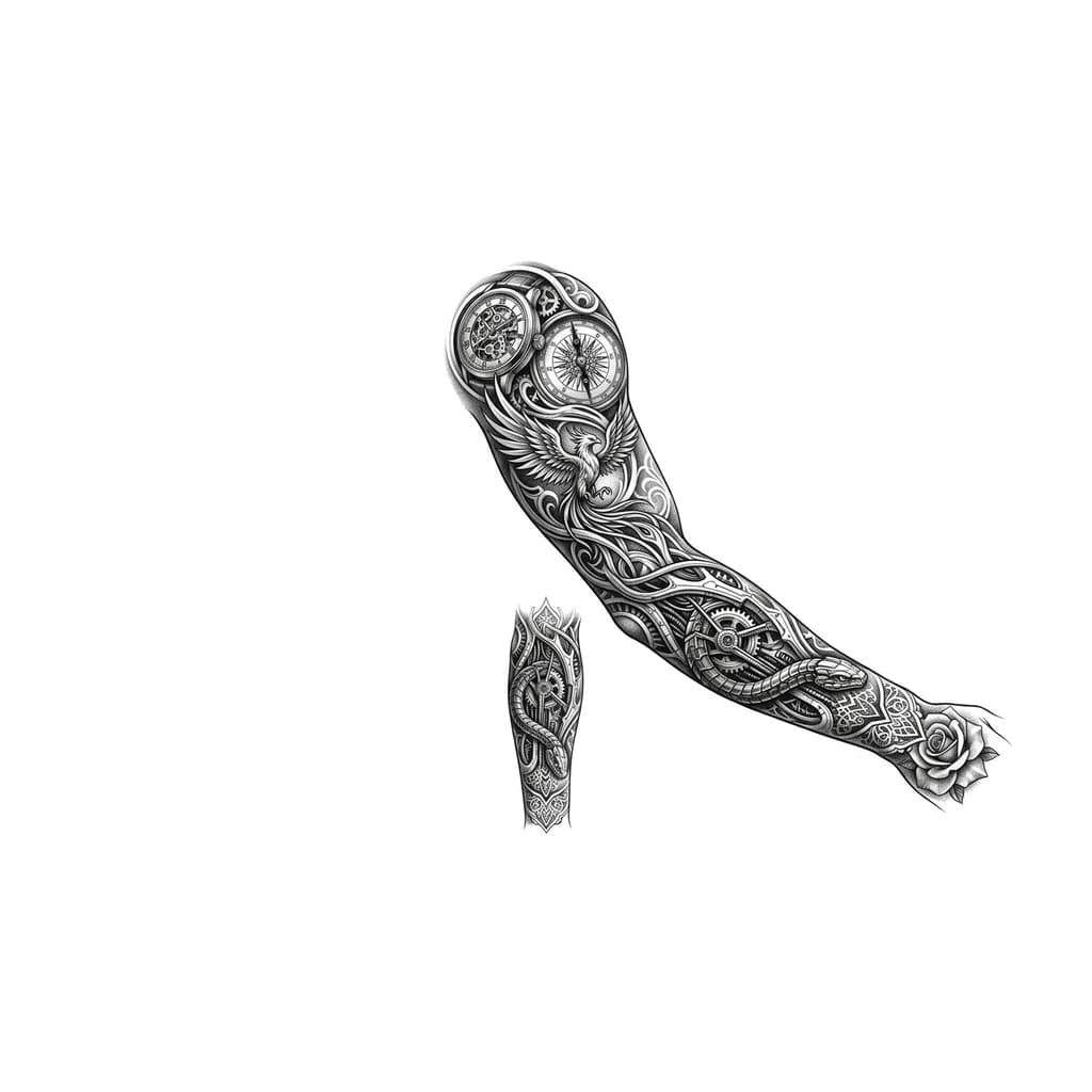 Necesito un tatuaje que conecte con un tatuaje de rosa que tengo en la mano, el tatuaje preferiblemente que se pueda segmentar en 2 partes: la primera, hombro, bicep y tricep; segunda, antebrazo completo