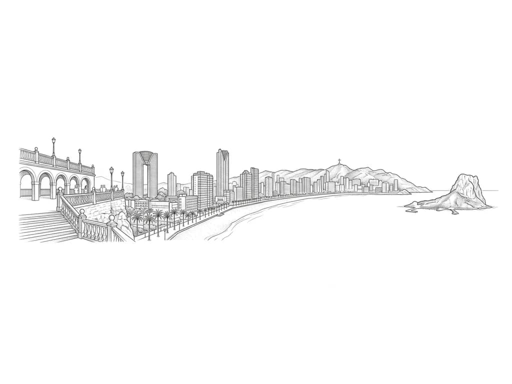 Quiero un tatuaje en horizontal paronamico de la playa de benidorm, zona de levante. Que la paronamica empiece desde el mirador del benidorm, pasando por el paseo maritimo (la playa, paseo, hoteles y apartamentos, la montaña con la cruz de benidorm) y acabe en la isla de benidorm. Pero tienes que fijarte bien como es el mirador de benidorm y como es la isla de benidorm para poner exactamente los detalles.