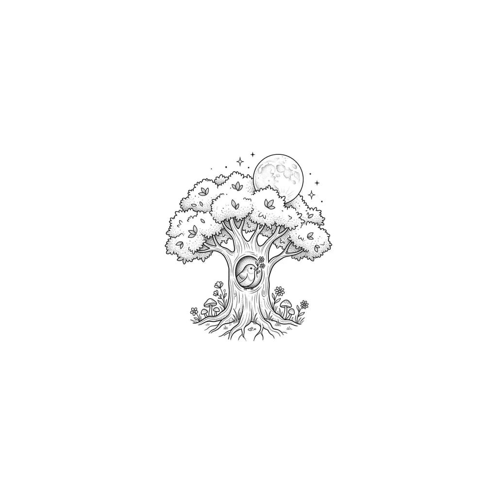 cute whimsy character fluffy tree with hollow circle with bird in it with flowers in his beak big full moon above and some little mushrooms flowers on the ground 
