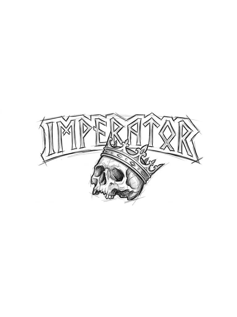 Quiero que escribas la palabra imperator con letras nórdicas y debajo una calavera con una corona puesta media caida, la palabra imperator tienen que ser más ancha que la calavera con la corona