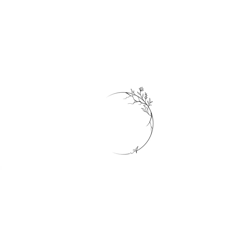 Un diseño de tatuaje minimalista para hombre en color negro. Es la mitad derecha de un círculo hecho con una línea muy fina (fine line) que complementa al anterior. La línea tiene detalles estilo Kintsugi con pequeñas grietas de donde brota una pequeña y fina enredadera o planta minimalista. Al final lleva una letra A pequeña. Estilo boceto de tatuaje, fondo completamente blanco y limpio.