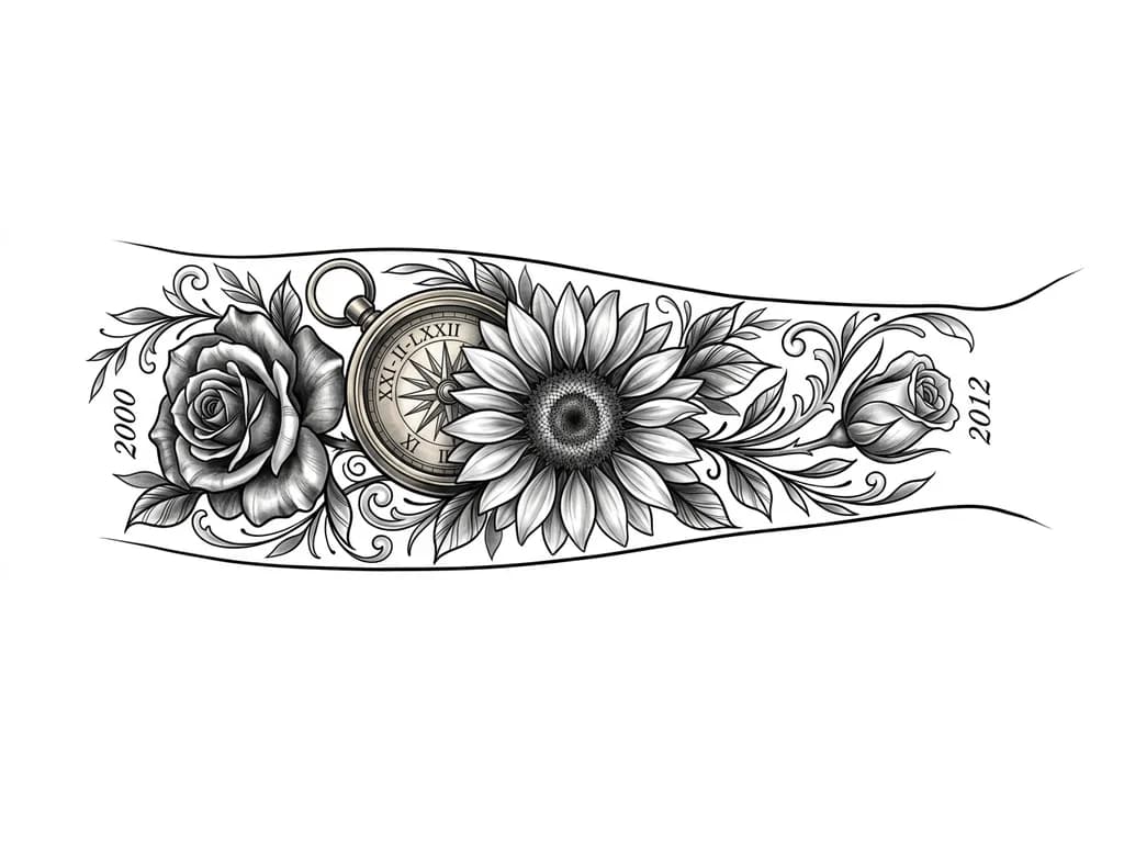 Full left forearm black and grey realism sleeve, inner forearm focal piece: large detailed sunflower representing mother (21 Feb 1972), highly realistic petals and soft shading. Antique ornate compass behind it symbolizing guidance, with hidden Roman numerals XXI-II-LXXII engraved subtly. Two realistic roses integrated: one mature rose for self (01 June 2000) and one rosebud for younger brother (11 March 2012). Flowing botanical composition, cinematic depth, smooth gradients, high detail.