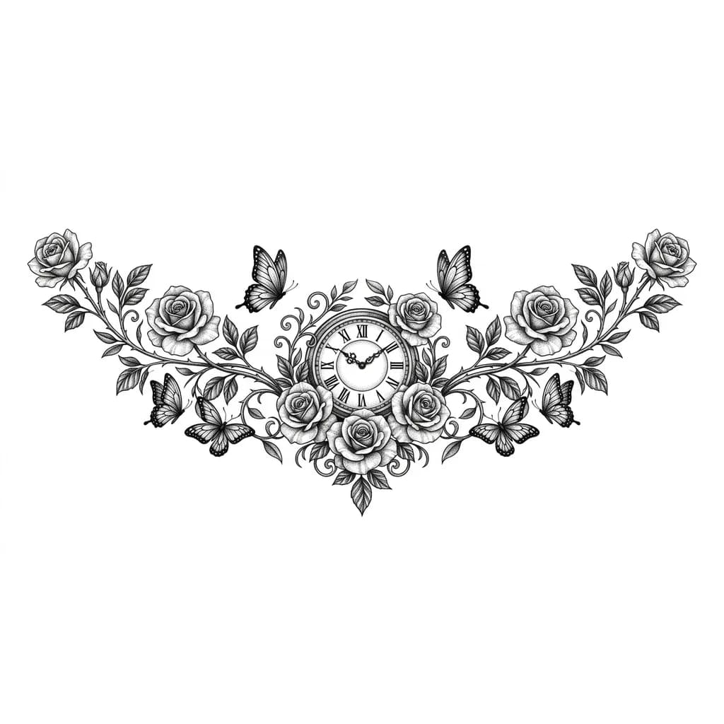 Roses and vines with butterflies and old fashion clock in the slcenter of chest