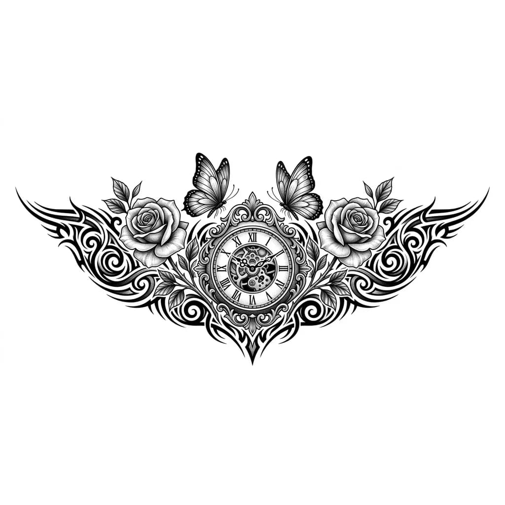 Roses and tribal with butterflies and old fashion clock in the slcenter of chest