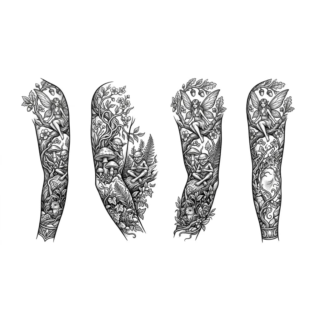 Quiero crear una plantilla para un tatuaje para un brazo, que sea desde el hombro hasta el antebrazo, con hadas duendes y naturaleza, que sea un diseño con sombras en realismo, que sea un diseño plano.