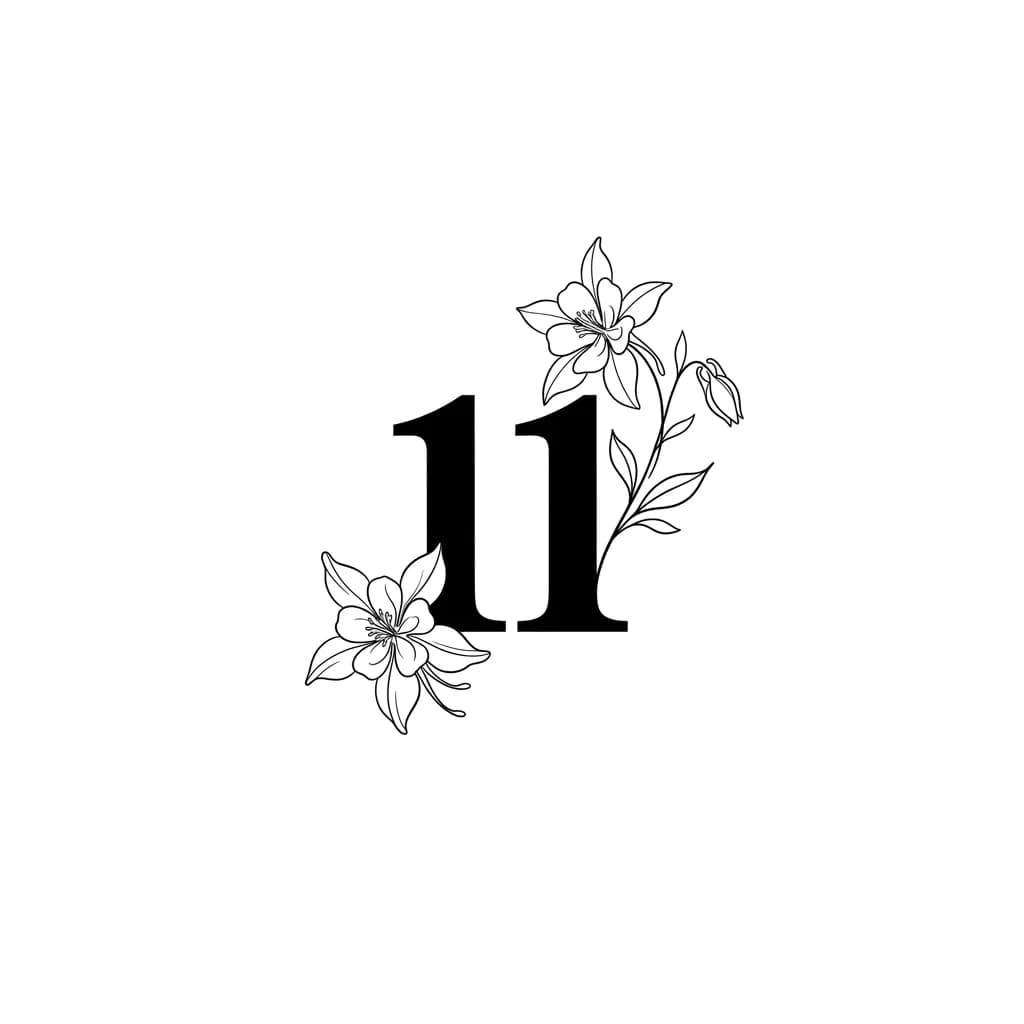 Dans le creux de l'avant b ras j'aimerais un numéro 11 domiant l'image avce en bas a gauche de celui ci une petite fleurt d'ancolie et en haut a droiter du 11 une fleur et une tige d'ancolie. Faut que tout sois collé au 11 et qu'il domine sans que sa cache les fleurs. Le tatouage sera vrm tout petit genre le 11 fera max 1;5 cm de diametree. Le 11 doit etre rempli noir avec un typo tr§s classique en gras un peux comme industriel