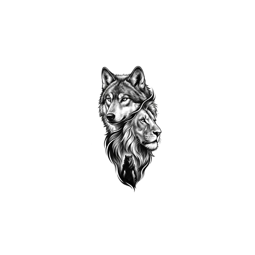tatuaje realista en blanco y negro, rostro de loba y rostro de león arriba, detallados, abajo una figura pequeña en sombras que fusione rasgos de lobo y león, estilo realista con toque artístico, composición limpia, sin fondo”