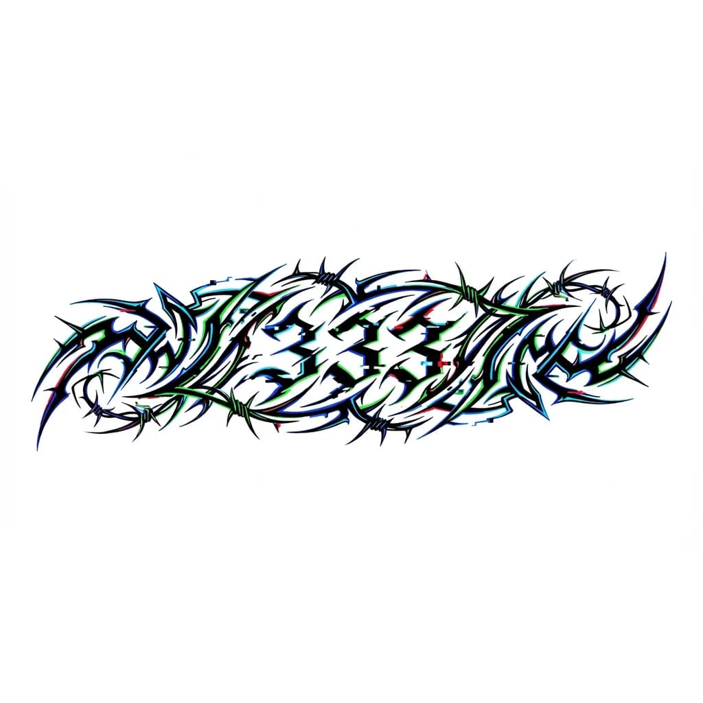 attoo design for forearm, black ink, Y2K aesthetic mixed with modern tribal style. Abstract organic tribal lines that look like skin stretching or scar-like striations, flowing naturally along the forearm. The lines subtly merge and form the number "333" hidden within the design, not too obvious at first glance. Dark, edgy, slightly gothic vibe inspired by underground aesthetics (similar to Rojuu style). Fine line details with some bold accents, high contrast, clean composition, no background