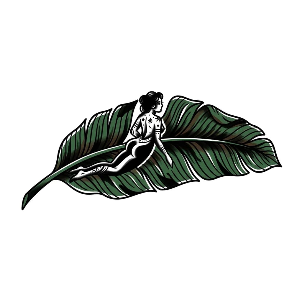 banana leaf tattoo, female silhouette integrated, fine line, minimalist, elegant, small tattoo, black ink, delicate lines, realistic botanical leaf