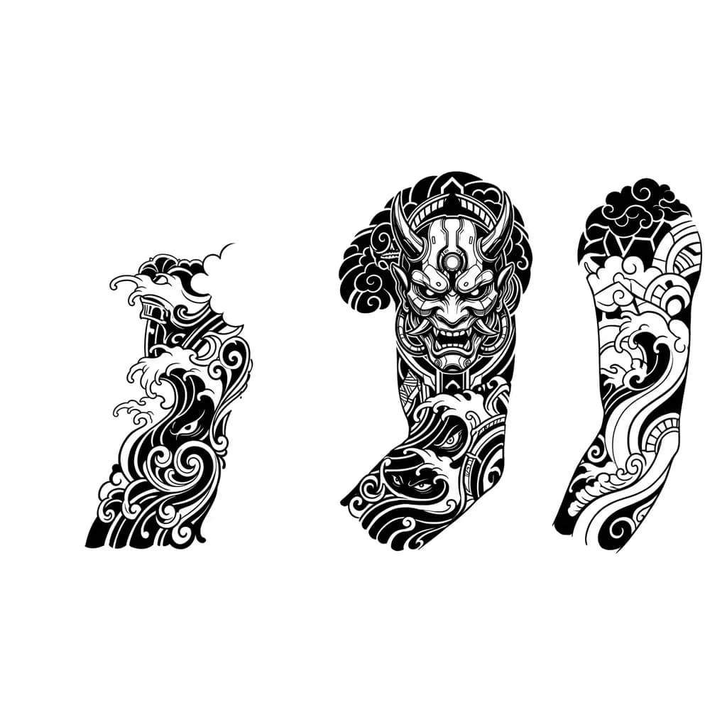 Japanese wave sleeve blackwork, large futuristic oni mask on shoulder, dark fantasy style, subtle biomechanical details, hidden eyes in waves, high contrast black and grey, flowing composition, arm tattoo design