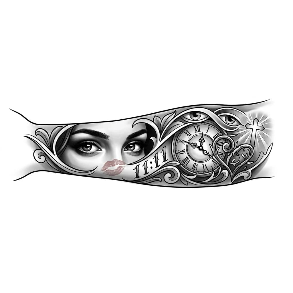 Dibuja en un antebrazo de un hombre un tatuaje que incluya lo siguiente
Ojos de una mujer realisticos solo la franja de los ojos hasta las cejas
Un beso de ella
11:11
Algo que simbólico que siempre la e amado
Un reloj
Algo que simbolise que Dios nos cuida como pareja